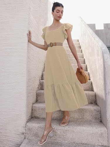 Image of Sugathari Girl's & Women's Solid Color Square Neck, Ruffle-Trimmed Hem Sleeveless, Ruffle Armhole and Casual Dress with Cinched Waist Vacation Outfits Woman (Dress 176)