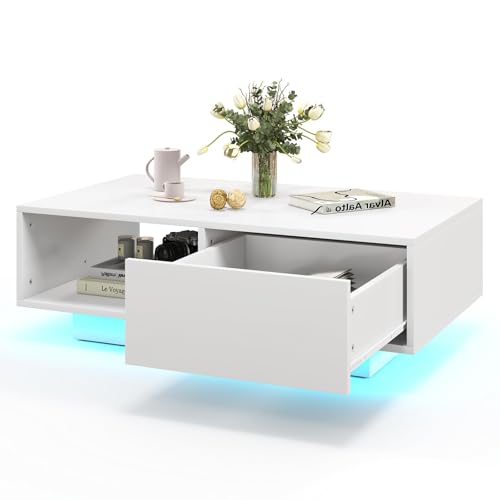 COSTWAY Couchtisch mit LED Beleuchtung, Wohnzimmertisch Hochglanz mit 20 Lichtfarben, Beistelltisch mit Schublade & Stauraum, Kaffeetisch Sofatisch rechteckig für Wohnzimmer, 95 x 55 x 31cm (Weiß)