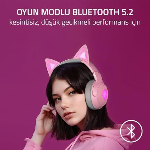 Razer Kraken Kitty V2 BT - Kitty Kulaklı Kablosuz Bluetooth RGB Kulaklık (Bluetooth 5.2, TriForce 40 mm Sürücüler, Entegre Işınlama Gürültü Önleyici Mikrofon, 40 Saate Kadar Pil Ömrü) Kuvars Pembe - Görsel 3