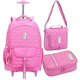 Kit Material Escolar Completo com Mochila de Rodinhas, Lancheira Térmica e Estojo Box 100 Pens, Compartimento para Notebook, Alça Telescópica, P/Meninas Juvenil (Rosa)