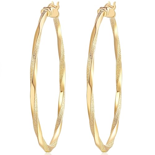 Verniflloga 14K Gold Hoop Earring for Women Gold Earrings Hoops Twisted 14 Karat Gold Earrings Gold Jewelry Lightweight 30mm40mm (40MM)