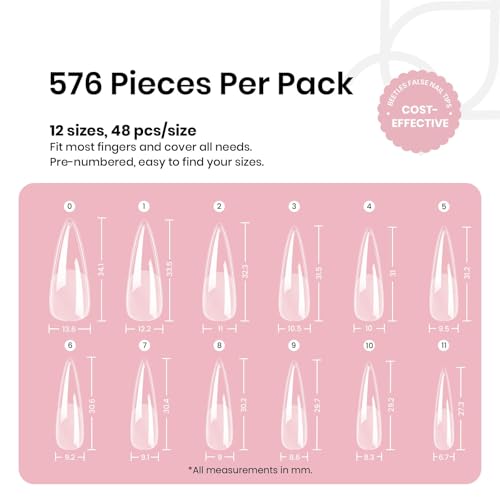 Image of Beetles Gel Nail Tips Etch-X, Stiletto Medium, 576Pcs 12 Sizes, Pre-Etched Half Matte Full Cover Soft Acrylic False Nail Tips Easy DIY Press On Nail Extensions Salon Gift for Women