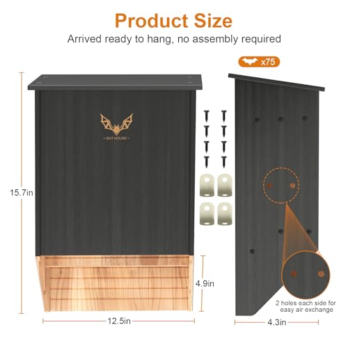 Wooden Bat House, Double Chamber Bat Box 15.7\" x 12.5\" x 4.3\" Bat Houses for Outdoors Large Bat Boxes Attract Bats, No Assembly Required Batbox