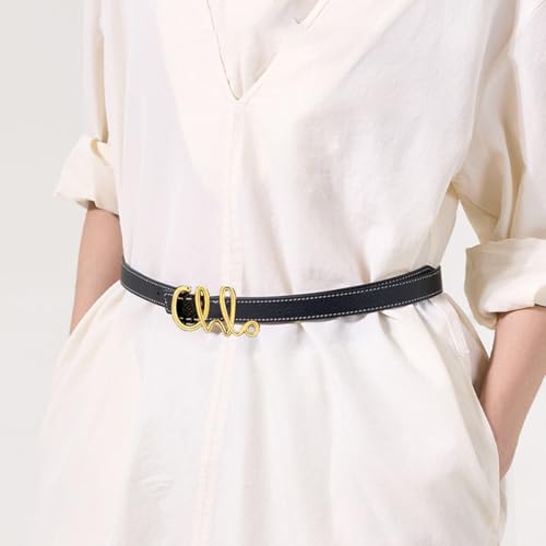 Narrow black and white belt for women, gold-tone leather buckle, trendy, thin, for jeans, pants, dresses2