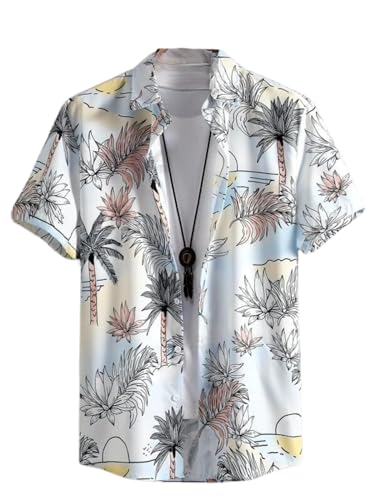 Leriya Fashion - Camisa de verano casual para hombre con ojal, ajuste normal, ideal para viajes, picnic, viscosa y manga media larga, estampado, Blanco 1, L