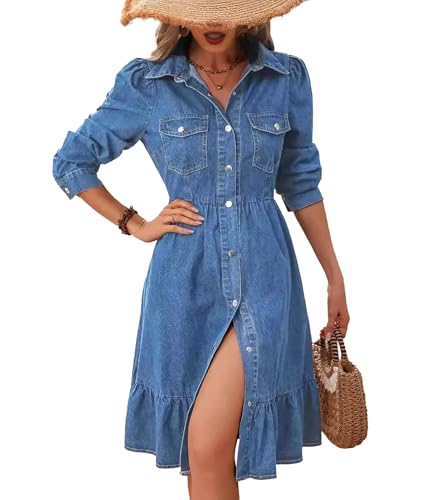 Sexyshine Women's Button Down Denim Dress Puff Long Sleeve Lapel Collar High Waist A Line Swing Ruffle Jeans Midi Dress