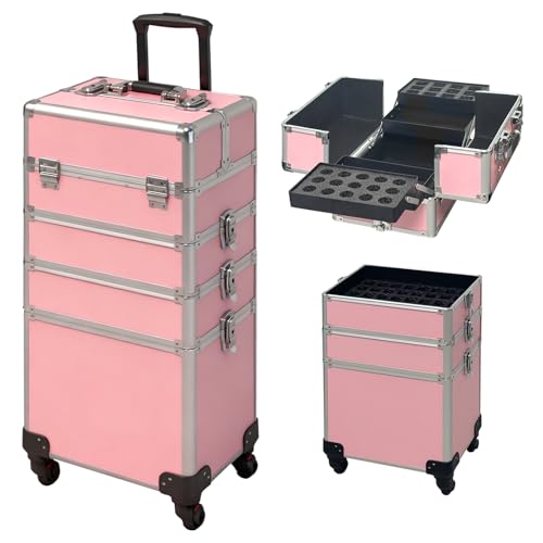 DeerDean 4-in-1 Rolling Makeup Case - Cosmetic Train Trolley with Shock-Absorbing 360° Case on Wheels, Makeup Storage for Nail Cart Beauty Services, Home Studio & Travel (Pink, 30Inch)