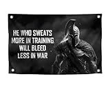 3x5 Ft Motivational Polyester Flag He Who Sweats More In Training Will Bleed Less In War with 4 Grommets - Improvement Wall Decor for Home or Gym - Wall Single Sided Flag with Spartan Image and Quote