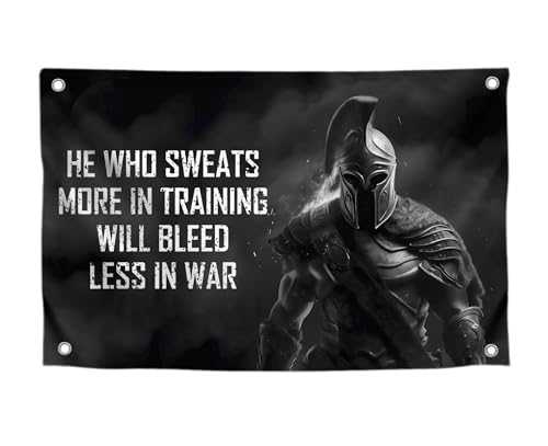 3x5 Ft Motivational Polyester Flag He Who Sweats More In Training Will Bleed Less In War with 4 Grommets - Improvement Wall Decor for Home or Gym - Wall Single Sided Flag with Spartan Image and Quote