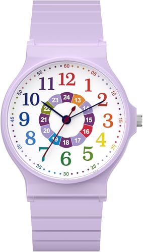 SOCICO Kinder Analoguhr Jungen Mädchen, 30M Wasserdicht Leicht Ablesbar für 5-15 Jahre, Tolle Geburtstags Kinder (Lila-Buntes)