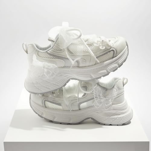 Women's Cute White Sneakers, Pearl Accent Dad Shoes Breathable Mesh Upper Bow Detail Butterfly Laces Platform Fashion Athletic3