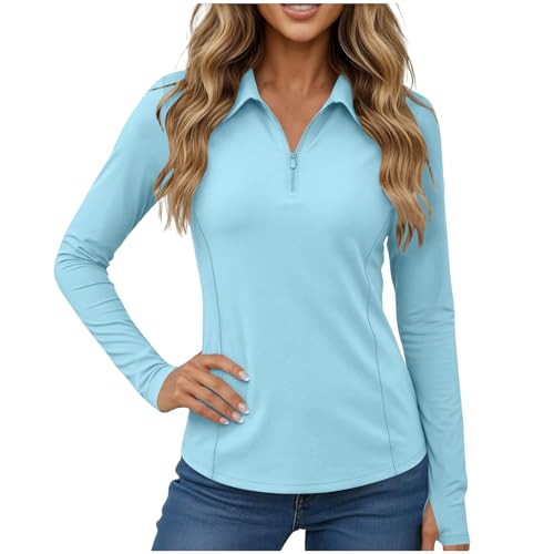 Women Long Sleeve Shirts Sun Protection 1/4 Zip Summer Quick Dry Hiking Tops Quarter Zip Pullover with Thumb Hole Light Blue