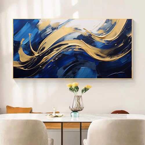 Tableau sur toile abstrait bleu et or de qualité supérieure, format 50x100cm - 2