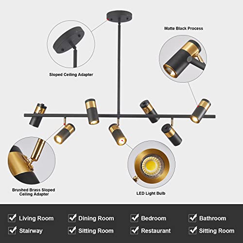 Image of KCO Lighting Black and Gold 7-Light Hanging Track Lighting Modern Kitchen Island Pendant Track Lighting Fixtures Mid Century Ceiling Mount Adjustable Spotlight