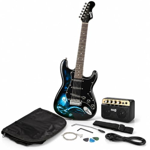 RockJam Black & Blue Electric Guitar Starter Kit with 10W Amp for Beginners
