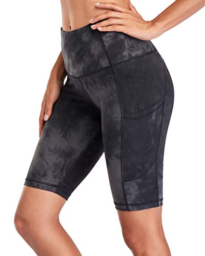 Oalka Women's Short Yoga Side Pockets High Waist Workout Running Shorts Tie Dye Graphite Black Grey Medium #TOP2