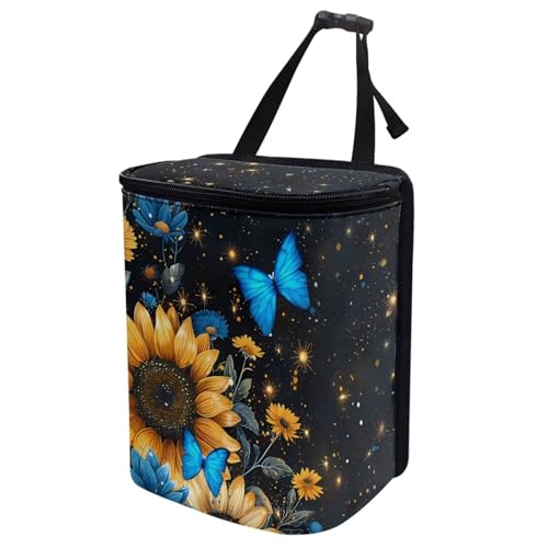 Image of Sunflower Auto Car Trash Can Hanging Car Garbage Bag with Lid Washable Leak Proof Car Trash Bin Hanging for Front Back Seat,Blue Butterfly Sunflower Vehicle Rubbish Bin