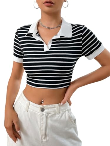Image of Aahwan White Striped Slim Fit Crop Polo Collar Short Sleeve T-Shirt for Women's & Girl's