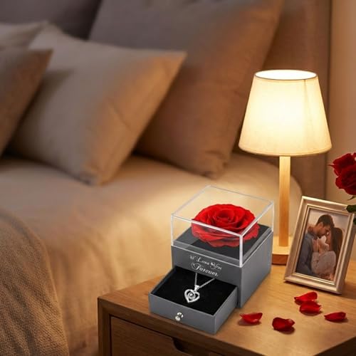 Prezenty walentynkowe - zakonserwowana czerwona prawdziwa róża z naszyjnikiem "I Love You", wieczne kwiaty róża, prezenty dla kobiet, mamy, żony i dziewczyny na Dzień Matki, Boże Narodzenie, rocznicę,