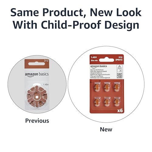 Image of Amazon Basics 60-Pack Hearing Aid Batteries Size 312, 1.45 Volt, Zinc Air Technology, Long-Lasting, 4-Year Shelf Life, Mercury Free, Brown Tab, Child-Safe Package