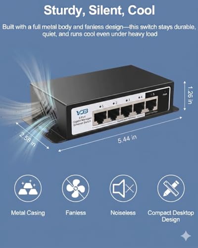 Image of VJB 5 Port Gigabit Managed Ethernet Switch 1000Mbps | Metal Housing, Plug & Play, Desktop /Wall Mount, Home Network Hub, Office Ethernet Splitter