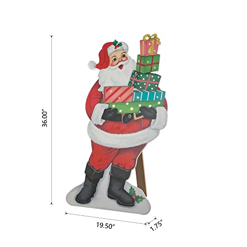 Image of Glitzhome 36 inch H Lighted Christmas Santa with Gifts Porch Sign Wooden Standing Santa Porch Decor Rustic Merry Christmas Welcome Sign Holiday Party Outdoor Indoor Xmas Decorations