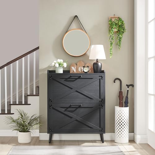 Barnyatoh Shoe Storage Cabinet,Farmhouse Shoe Organizer with 2 Flip Drawers & Barn Door Design,Freestanding Hidden Slim Narrow Shoe Rack Cabinet for Entryway,Foyer,Hallway,Black by Barnyatoh - Used condition - Image 8