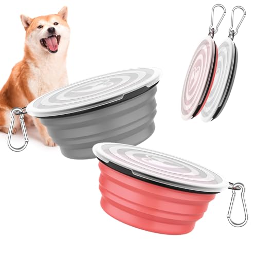 Pawaboo Faltbare Hundenapf Reisenäpfe 2 Stück 1000ml mit Deckeln | Tragbar Silikon Auslaufsicher Trinknapf Fressnapf mit und Karabiner für Hunde Katzen Spaziergänge Unterwegs, Türkis + Lila