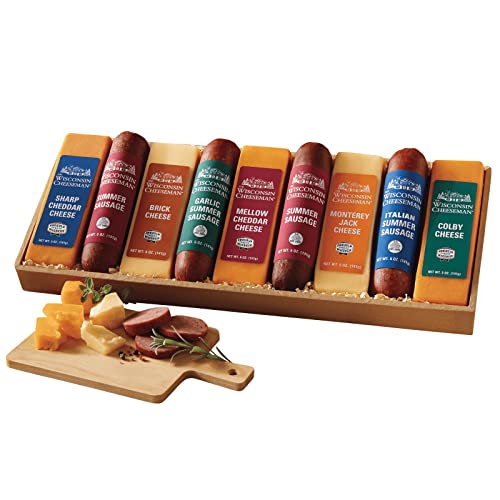 The Wisconsin Cheeseman Heartland Nine Cheese and Sausage Assortment - Colby, Brick, Monterey Jack, Sharp Cheddar, and Mellow Cheddar Cheese Bars, Premium Italian, Original, and Garlic Summer Sausages, Gift