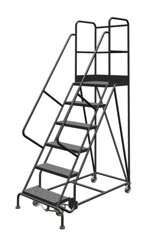 Image of Tri-Arc KDSR106246-D3 6-Step 30 inch Deep Top Steel Rolling Industrial & Warehouse Ladder with Handrails, 24 inch Wide Perforated Tread