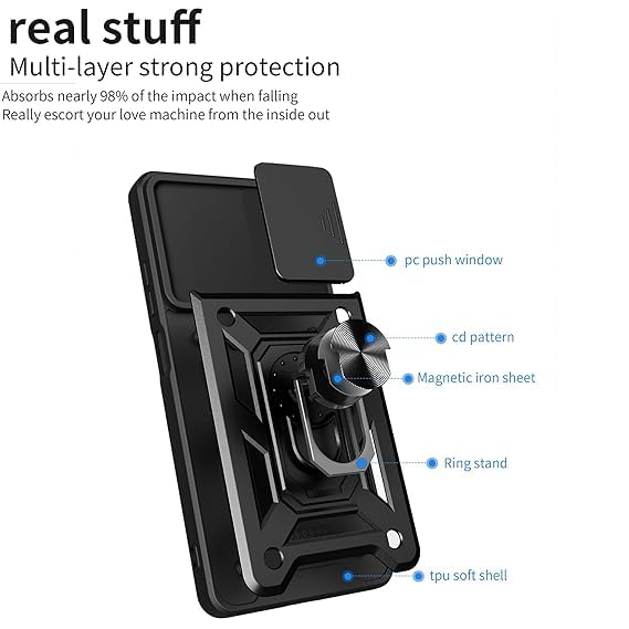Image of SPAZY CASE Poco F7 5G Back Cover | Heavy Duty Hybrid Case with 360 Degree Rotating Finger Ring Holder + Slider Shutter Camera Protection Case for Poco F7 5G - Black