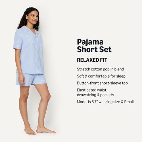 Amazon Essentials Women's Cotton Stretch Poplin Pajama Set, Short Sleeve Button-Down with Shorts, Blue Pinstripe, Medium by Amazon Essentials - Used condition - Image 2