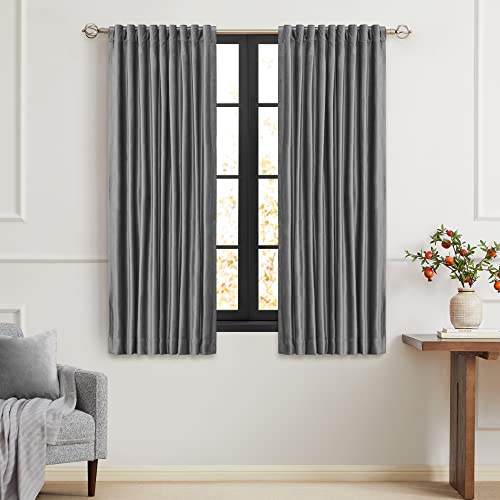 Image of PRIMROSE Dark Grey Velvet Curtains 63 inch Long for Living Room,Set of 2 Panels Blackout Rod Pocket Back Tab Window Treatment Room Darkening Heavy Decorative Curtains Drapes for Bedroom