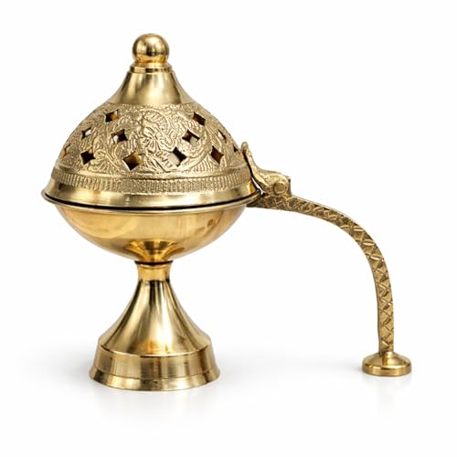 Brass Dhoop Dani with Handle for Puja | Traditional Brass Incense Burner with Dome Lid | Decorative Dhoop Holder for Temple, Home & Spiritual Use (4.5 * 4)