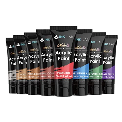 INK LAB Metallic Acrylic Paint Set 8 Colors Metallic Paints Non Toxic for Artists Beginners Rocks Crafts Canvas Wood Painting, Rich Pigment & No Fading, 75ml/Tubes