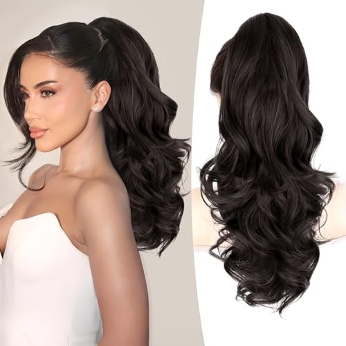 ALXNAN Ponytail Extension 18 Inch Claw Clip in Long Curly Wavy Black Brown Ponytail Hair Extension Jaw Clip on Pony Tails Hairpiece for Women