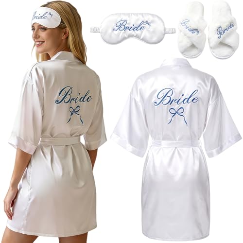 Robe de chambre de mariée blanche en satin col en V chaussons de mariage et masque