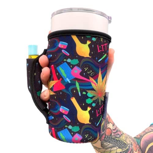 Lit Handlers 20-27 oz Tumbler Holder - Neoprene Coffee & Tea Sleeve with Handle & Pocket - Insulated Cover & Water Resistant Beverage Holder for Large to XL Tumblers, Shaker Bottle (420)