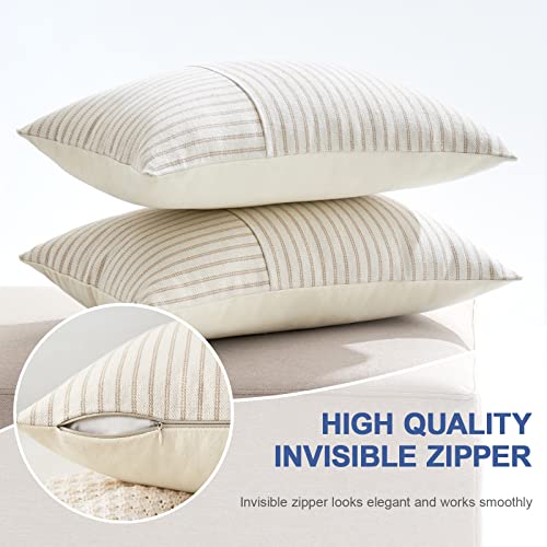 Miulee Khaki And Beige Patchwork Farmhouse Pillow Covers 12X20 Inch, Pack Of 2 Striped Linen Decorative Modern Accent Pillow Cases For Sofa Couch Bedroom #TOP23