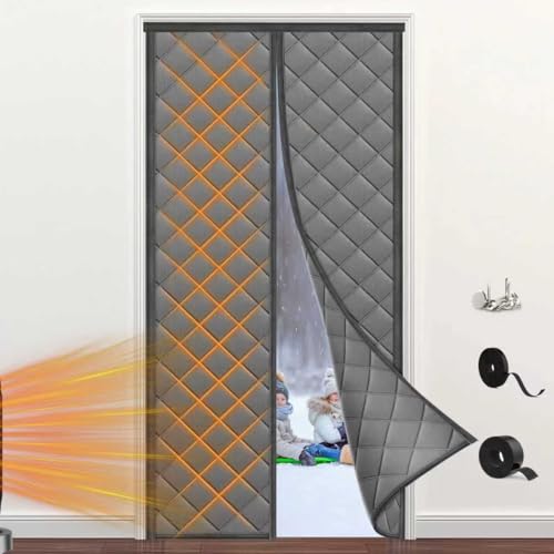 WenYa Thermal Door Curtain 90x210cm, Thermal Insulated Door Curtain with Magnetic, Automatically Close Thickened Draught Proof Door Cover for Bedroom Kitchen