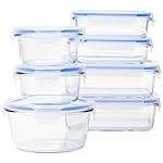 Amazon Basics Leak-Proof Glass Locking Lids Food Storage Containers, 14-Piece Set, 7 Count of Bases and 7 Plastic Lids, Clear, Blue, BPA Free, Dishwasher & Microwave Safe, for Meal Prep & Freezer