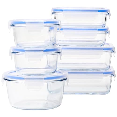 Amazon Basics Leak-Proof Glass Locking Lids Food Storage Containers, 14-Piece Set, 7 Count of Bases and 7 Plastic Lids, Clear, Blue, BPA Free, Dishwasher & Microwave Safe, for Meal Prep & Freezer