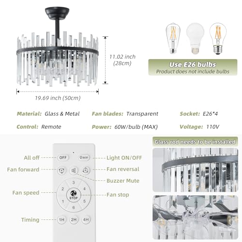 Image of Black Fandelier Ceiling Fans with Lights, Crystal Chandelier Ceiling Fan with Light Remote Control, Mid Century with 6 Speeds for Bedroom, Living Room