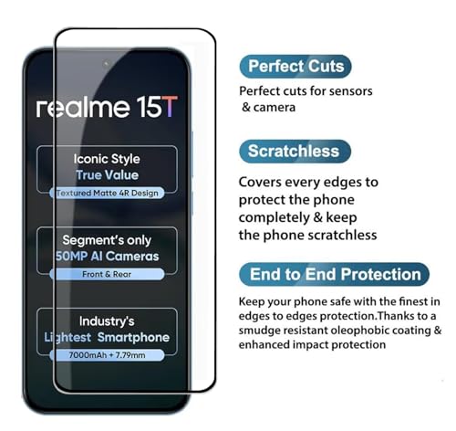 Image of HD Tempered Glass Screen Protector Compatible for Realme 15T 5G with Edge to Edge coverage and Easy Installation kit