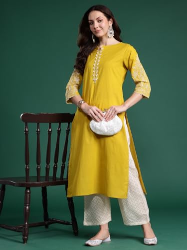 Image of INDO ERA Women's Cotton Straight Fit Floral Embroidered Kurta (KT0GN9776)