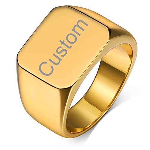 Chevaliere Plaqué Or Prénom Gravé Taille 64 Bague Personnalisée Acier Anneau Signet Carré Bijoux Biker Punk Cadeau Anniversaire pour Homme Père