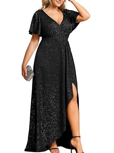 Image of Ever-Pretty Womens Glitter High Low Plus Size Cocktail Wedding Guest Dress | V-Neck, Ruffle Sleeve, High Stretch, A-Line, Front Slit, Plus Size Formal Dresses Evening Gowns