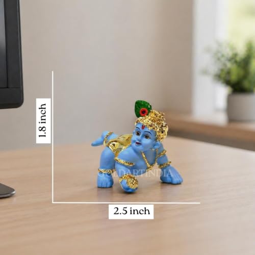 Image of Gold Art India 24K Gold Plated Blue Terracotta Laddu Gopal Idol (2.5 Inch) with Premium Velvet Gift Box | Makhan Chor Bal Krishna Murti for Home Temple, Car Dashboard, Office Desk & Spiritual Gift