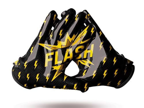 TAQCHA Thunder Football Gloves - Tacky Grip Skin Tight Football Gloves - Pro Elite Super Sticky Receiver Gloves - Adult & Youth Sizes (Black, Adult - Medium)