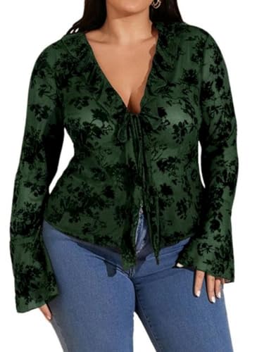 WDIRARA Women's Plus Size Floral Lace Mesh Sheer Tie Front Going Out Top